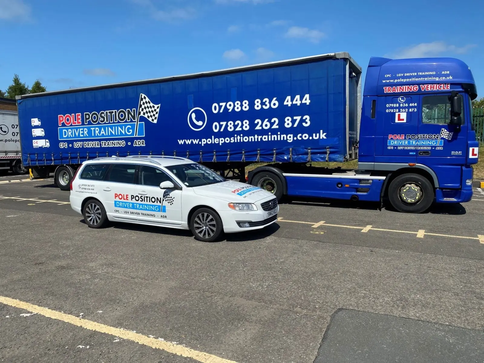Pole Position Driver Training articulated lorry and car at the Livingston training centre
